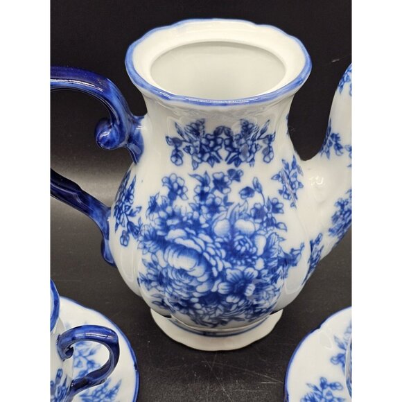 Flow Blue Ironstone Floral Teapot No Lid And Pair Of Teacups W/ Saucers Vintage - Picture 2 of 16